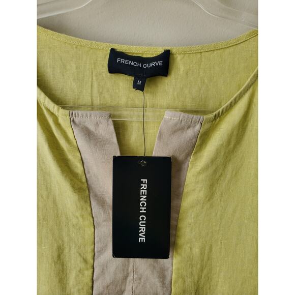 Yellow Beige Linen Short Sleeve Shift Mini Dress M Scandi Neutral Coastal NEW - Picture 3 of 10